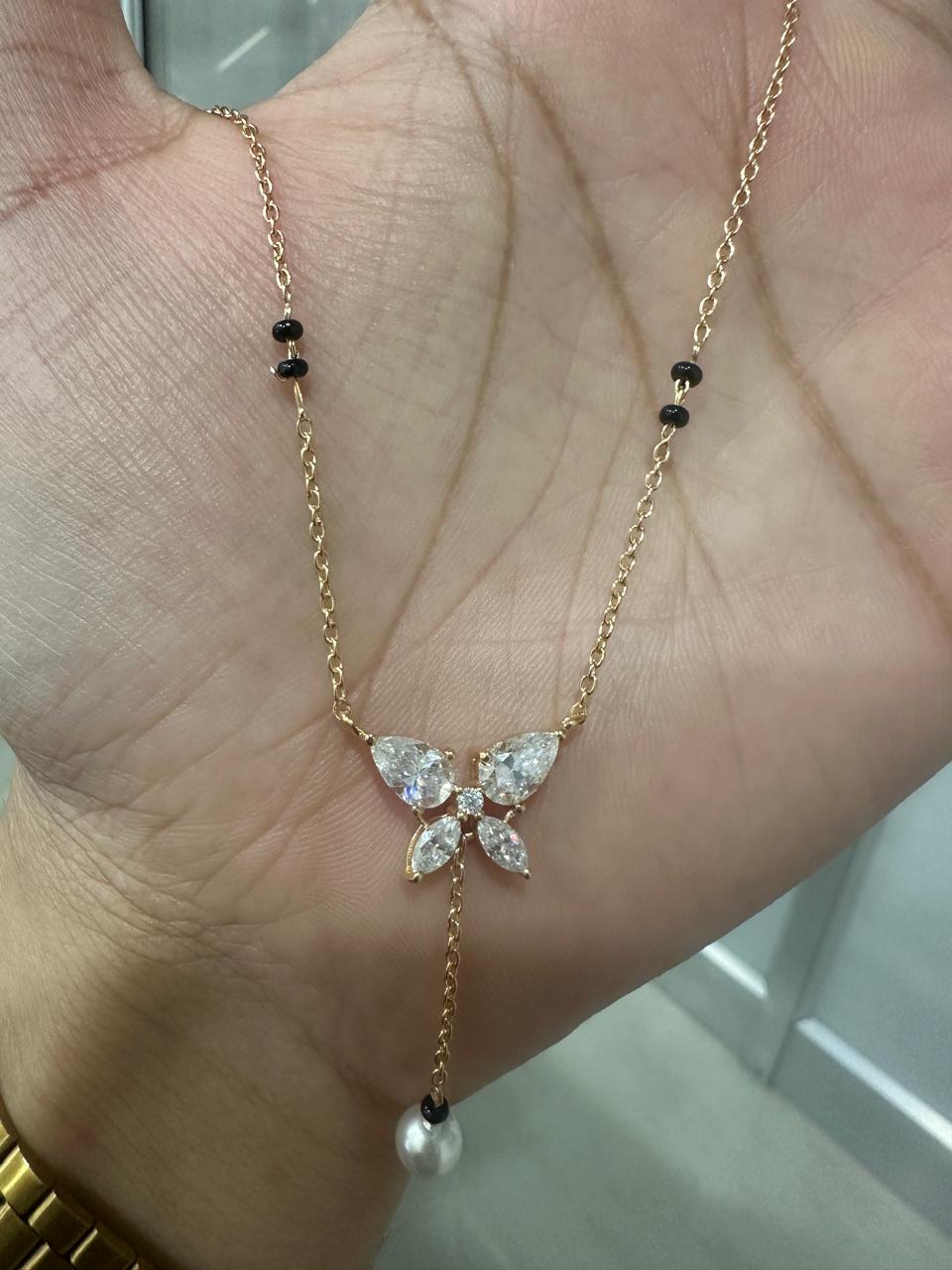 Butterfly Moissanite & Pearl Mangalsutra Pendant: 14K Gold Vermeil Indian Necklace