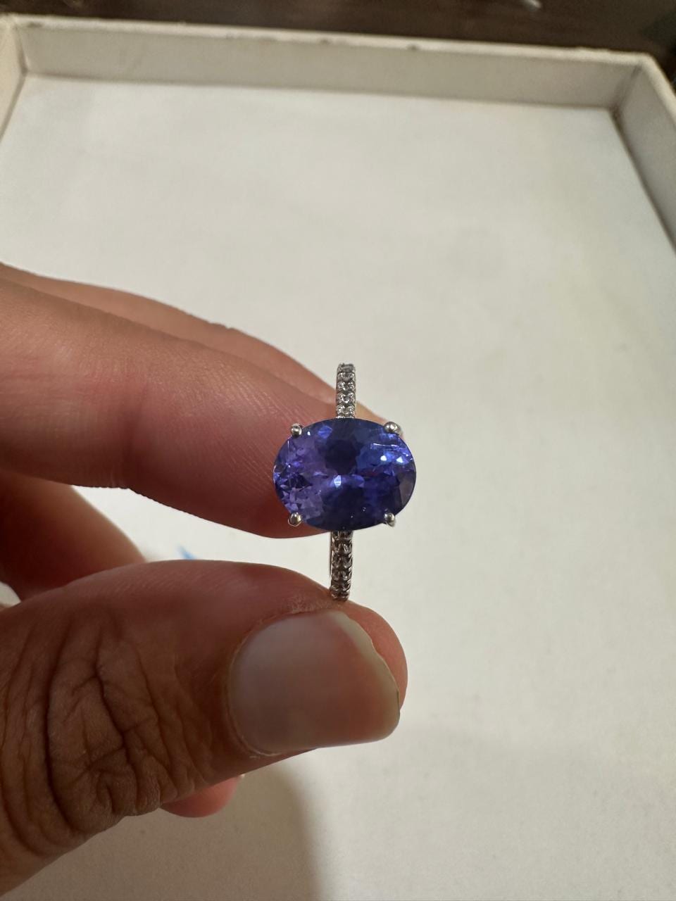 3 CT AAA Tanzanite Engagement Ring, 14K White Gold Diamond Pavé Band