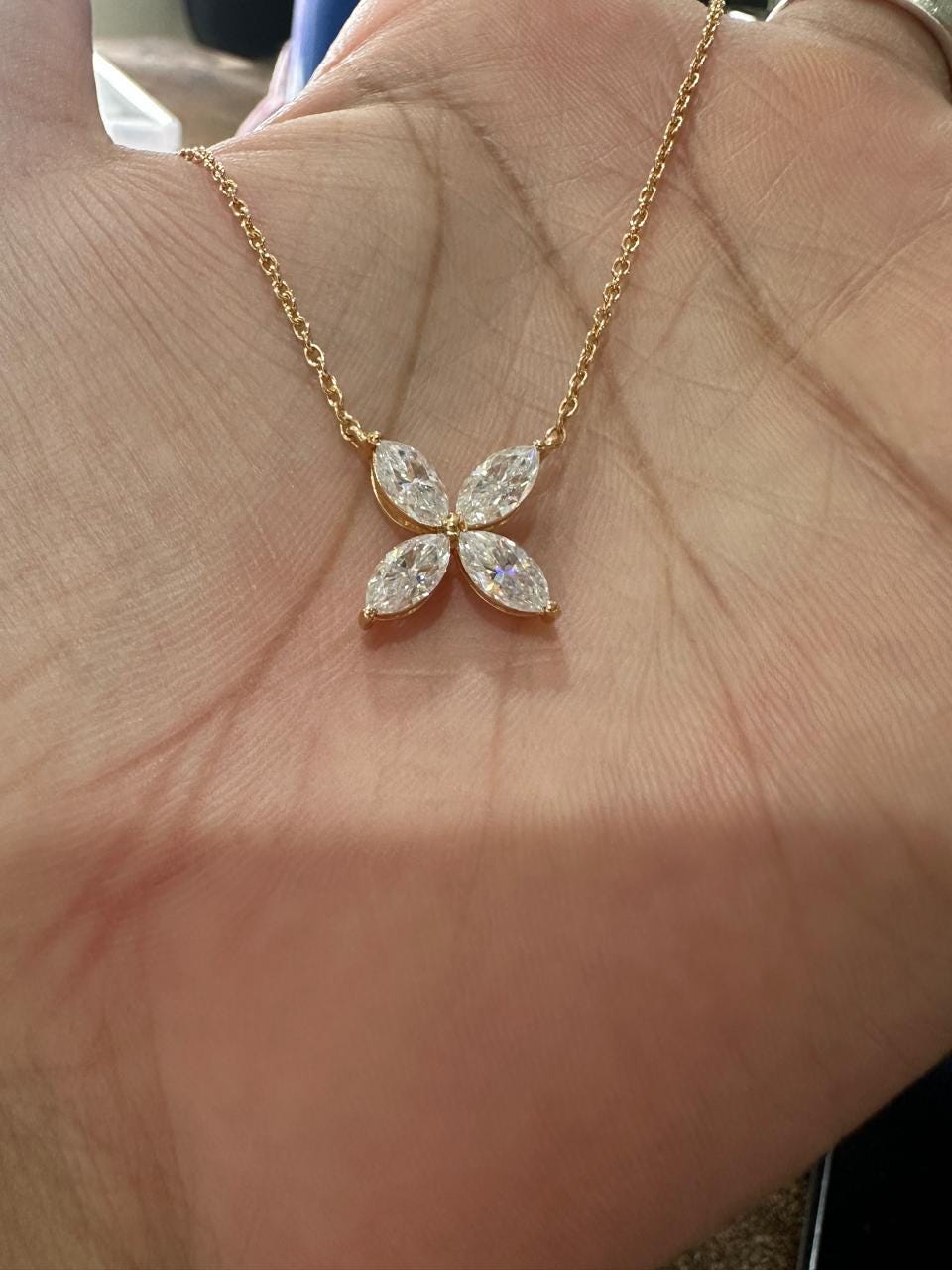 Moissanite Flower Necklace | 14K Gold Vermeil Marquise Pendant for women