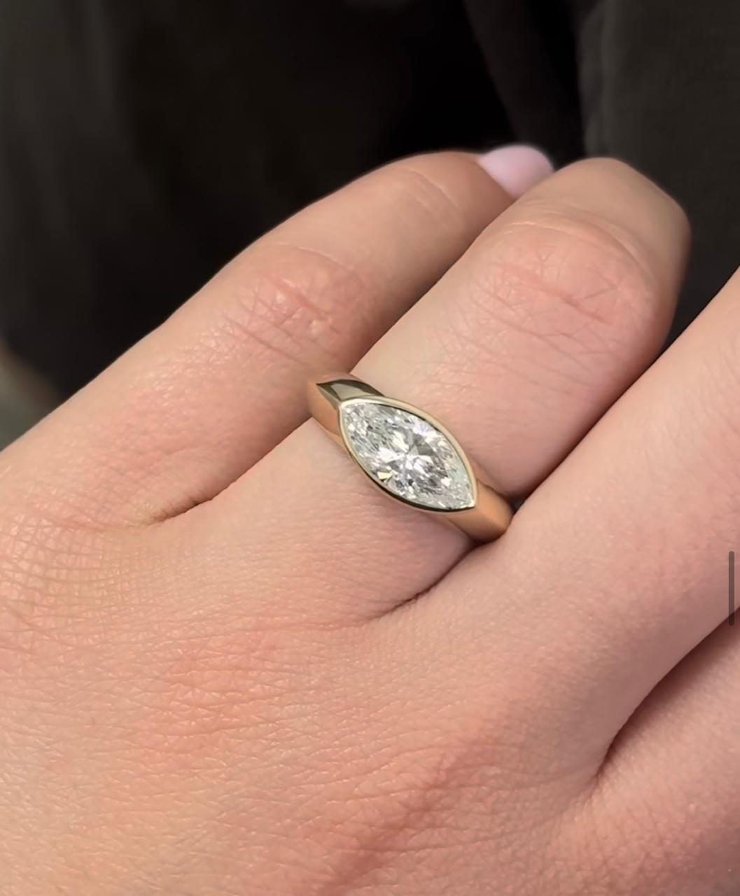 1 Ct Moissanite Signet Ring: 14K Yellow Gold, Marquise Cut Solitaire Ring for her
