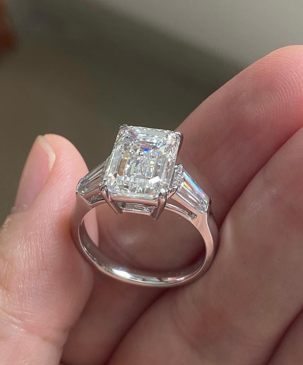 Emerald Cut Moissanite Engagement Ring: 14K White Gold Vermeil, Three Stone
