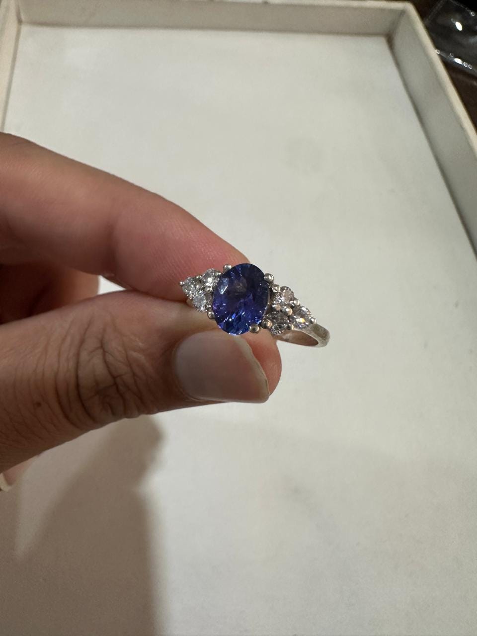 Oval Tanzanite Engagement Ring, 14K White Gold, Blue Purple Gemstone, Moissanite Accents