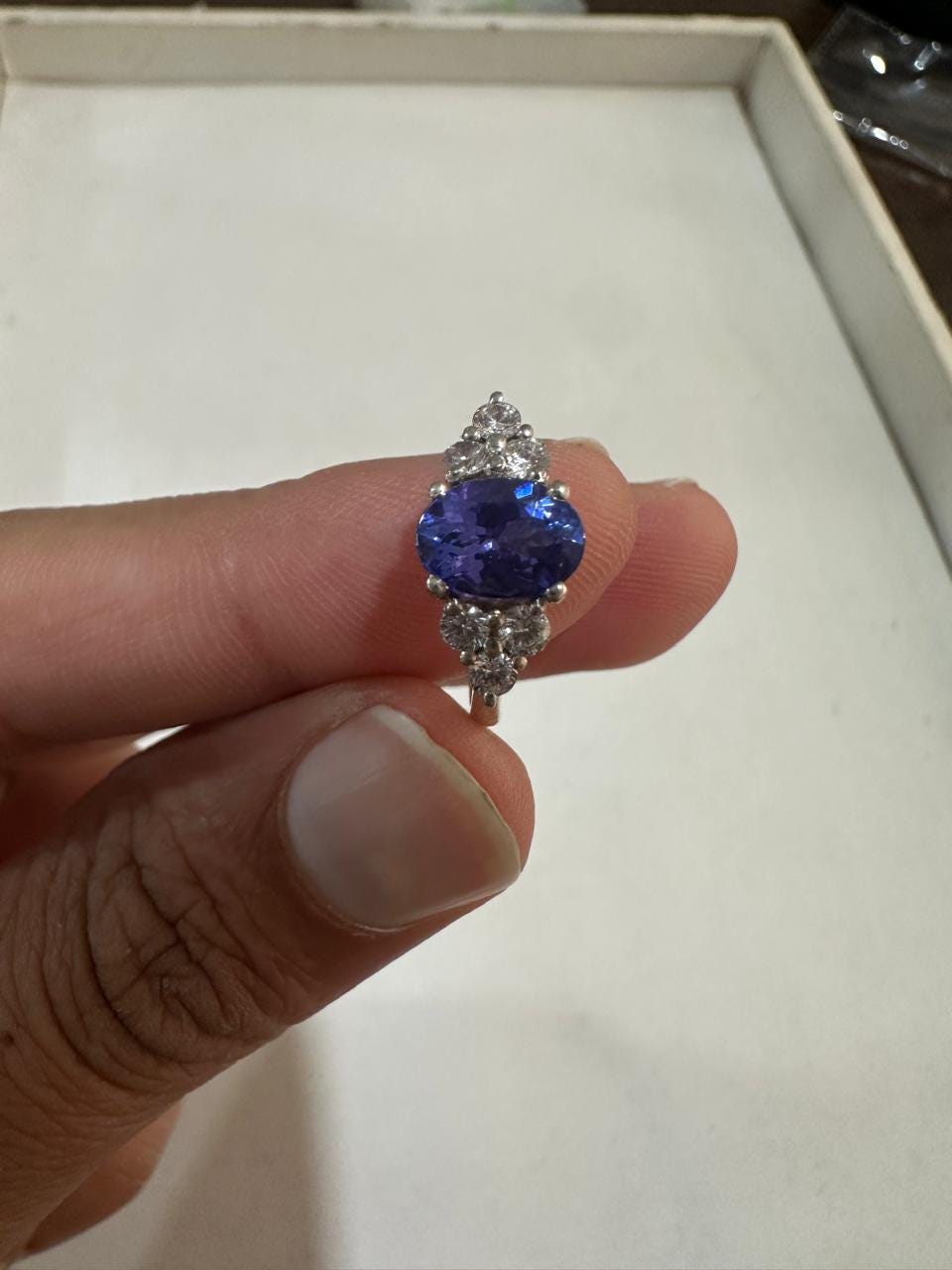 Oval Tanzanite Engagement Ring, 14K White Gold, Blue Purple Gemstone, Moissanite Accents