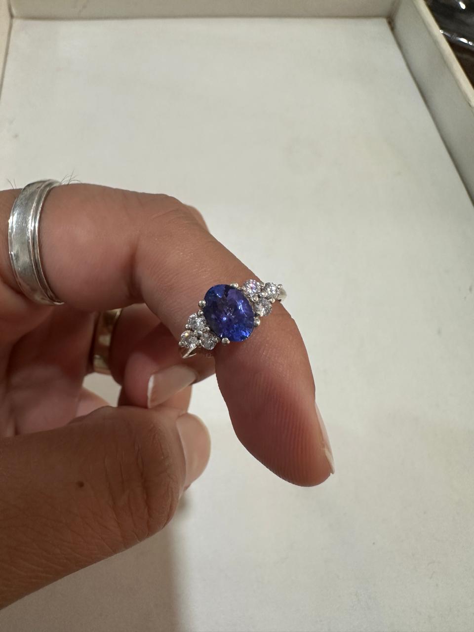 Oval Tanzanite Engagement Ring, 14K White Gold, Blue Purple Gemstone, Moissanite Accents