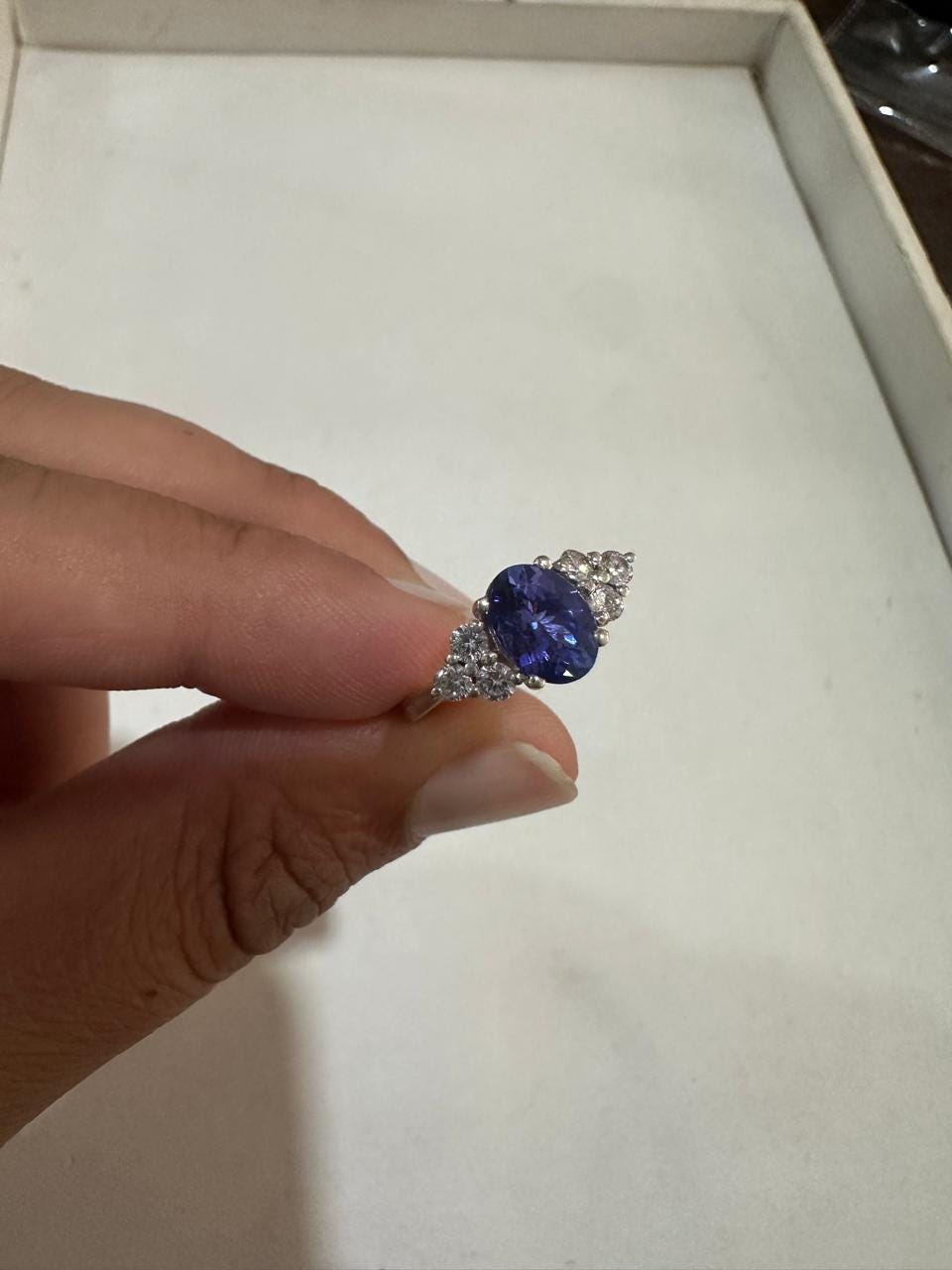 Oval Tanzanite Engagement Ring, 14K White Gold, Blue Purple Gemstone, Moissanite Accents