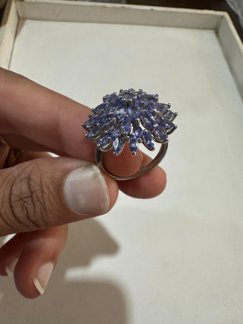 4 CT Marquise Cut Tanzanite Floral Cluster Ring, 14K White Gold Statement Cocktail Ring