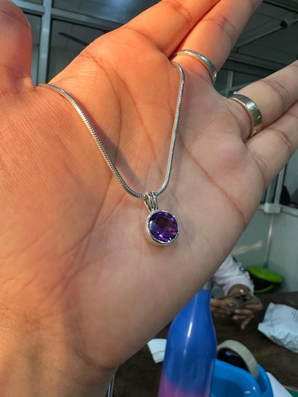 7CT Amethyst Bezel Set Pendant Necklace | 925 Silver | Snake Chain | Gift for him