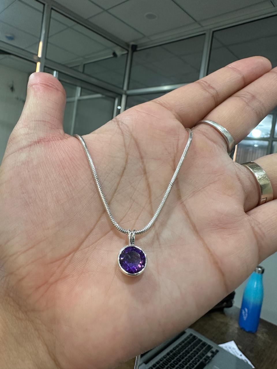 7CT Amethyst Bezel Set Pendant Necklace | 925 Silver | Snake Chain | Gift for him
