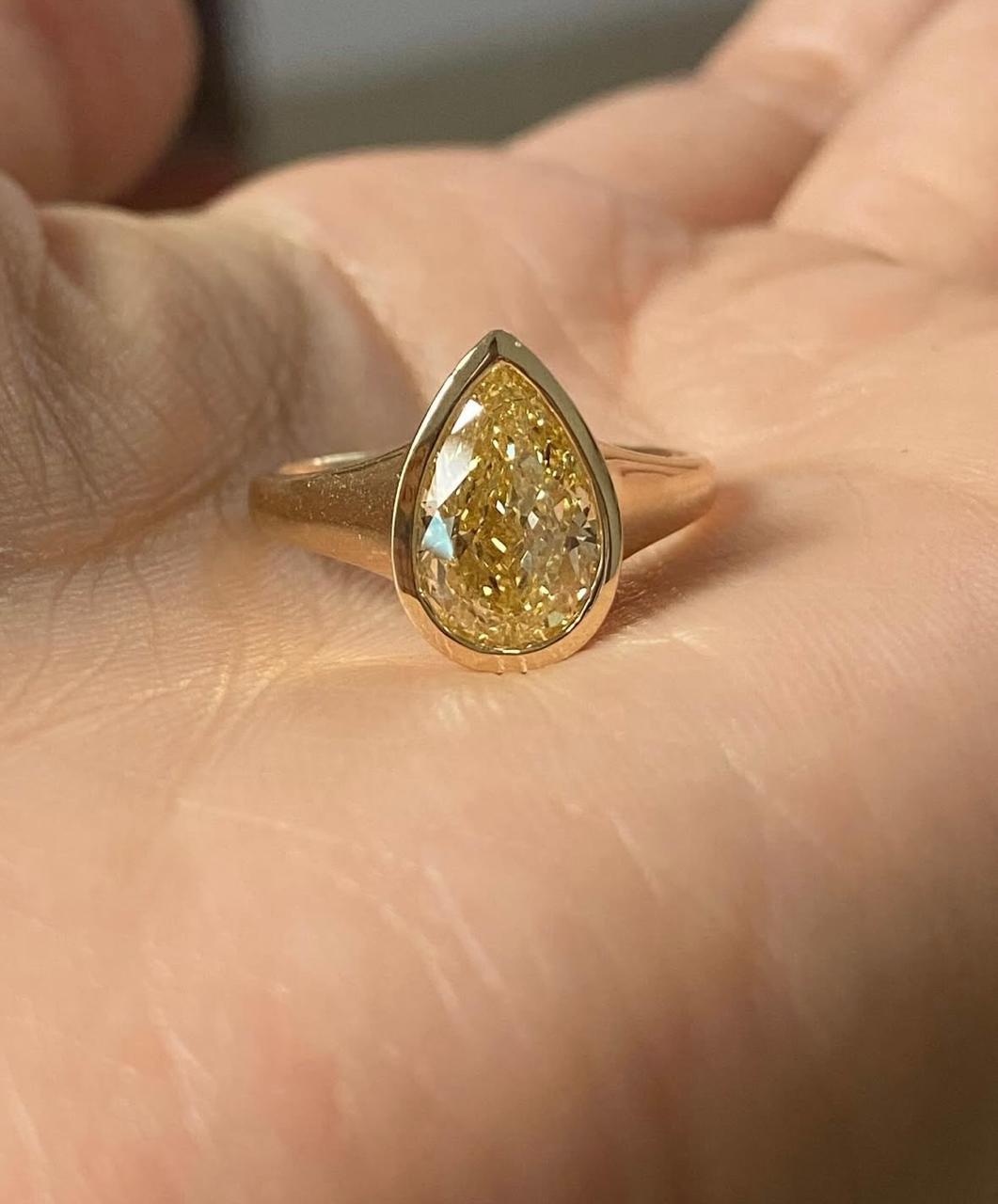 Pear Cut Yellow Moissanite Ring, 14K Gold Bezel Set Engagement Ring, Minimalist Solitaire