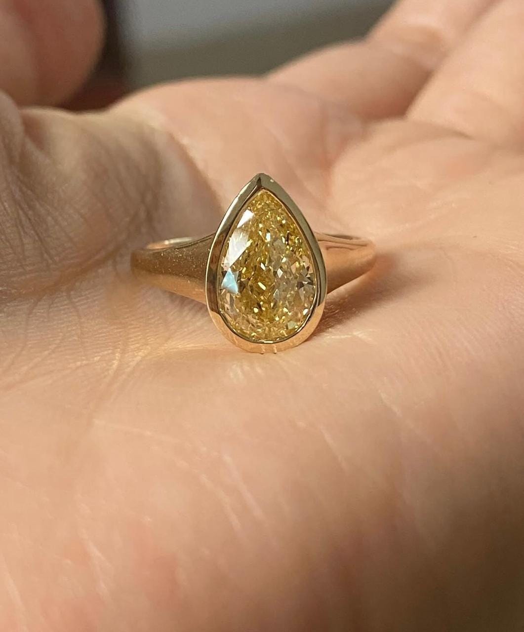 2.5 Ct Pear Yellow Moissanite Engagement Ring | 14K Gold Bezel Set Solitaire Ring