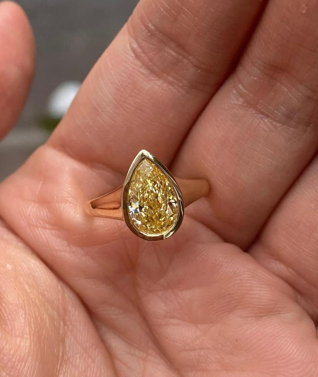 Pear Cut Yellow Moissanite Ring, 14K Gold Bezel Set Engagement Ring, Minimalist Solitaire