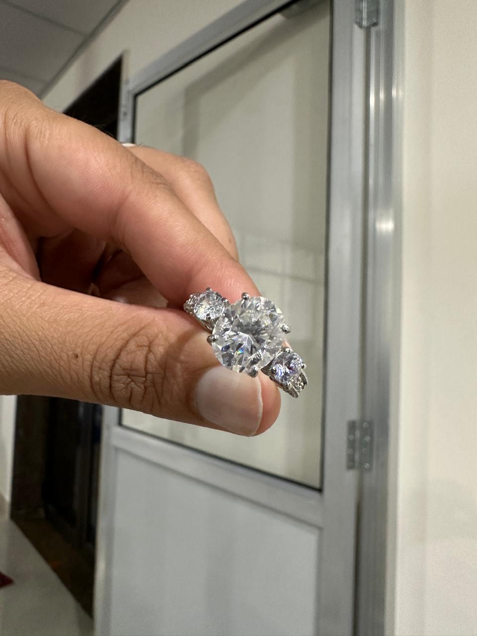 Oval Cut Moissanite Engagement Ring, 5 Carat, 14K White Gold Three Stone Ring