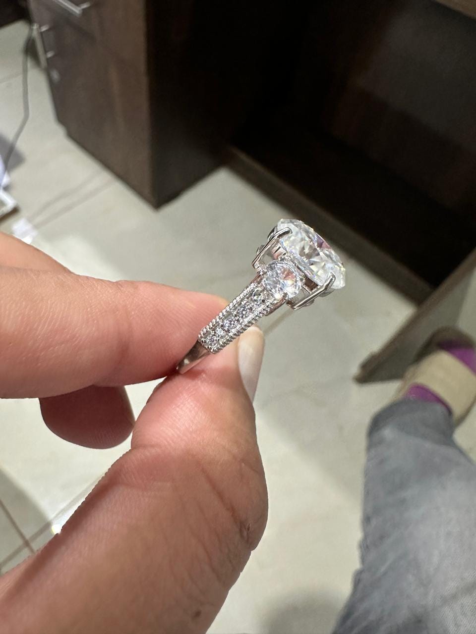Oval Cut Moissanite Engagement Ring, 5 Carat, 14K White Gold Three Stone Ring