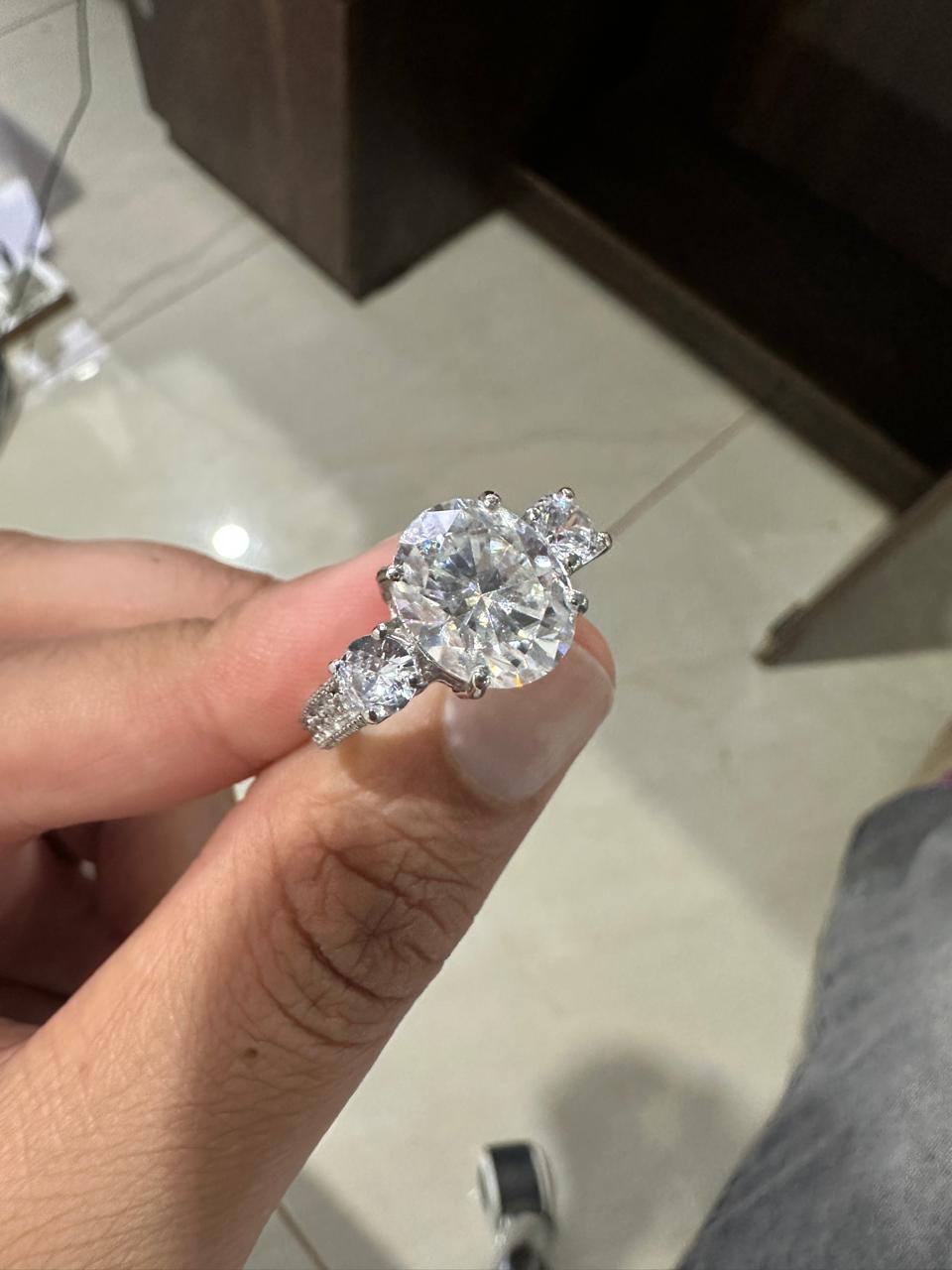 Oval Cut Moissanite Engagement Ring, 5 Carat, 14K White Gold Three Stone Ring