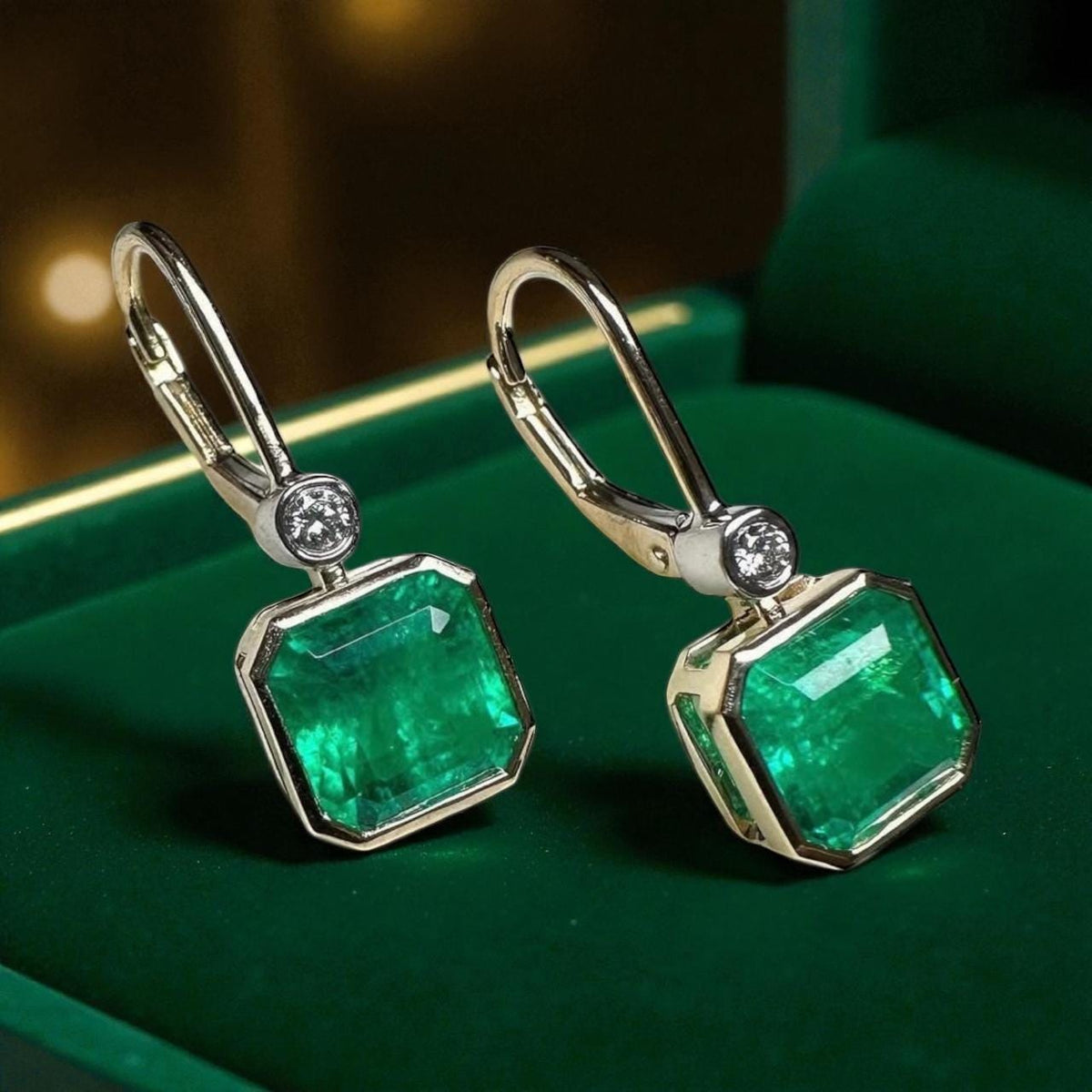 14K Gold Lab Emerald Diamond Earrings, Bezel Set Asscher Cut Lever Back Earrings