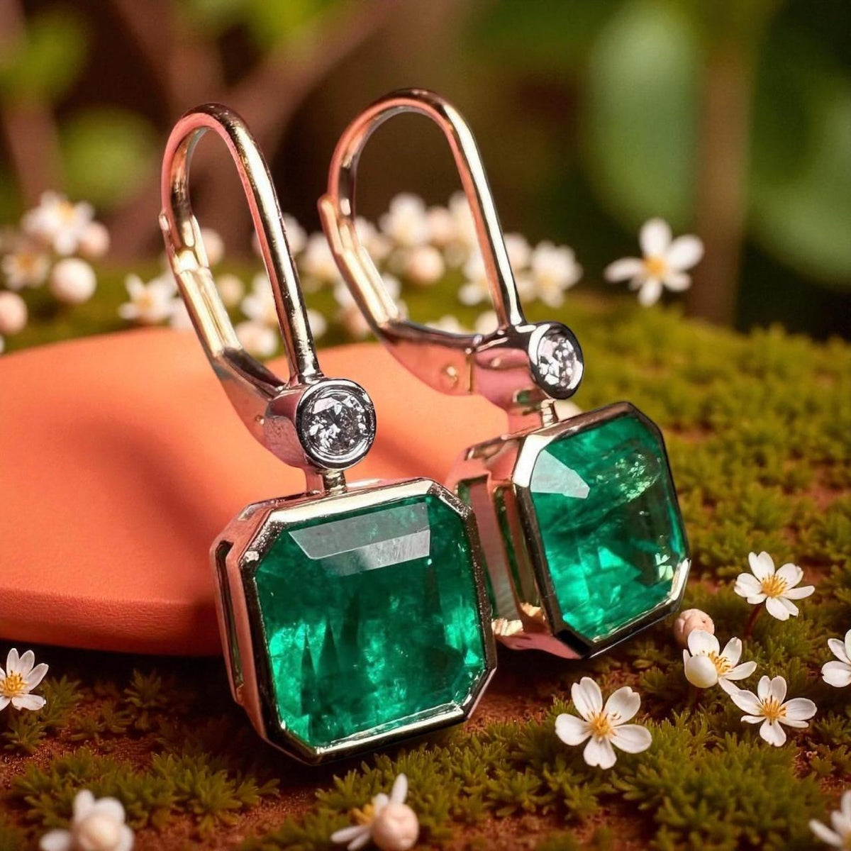 14K Gold Lab Emerald Diamond Earrings, Bezel Set Asscher Cut Lever Back Earrings