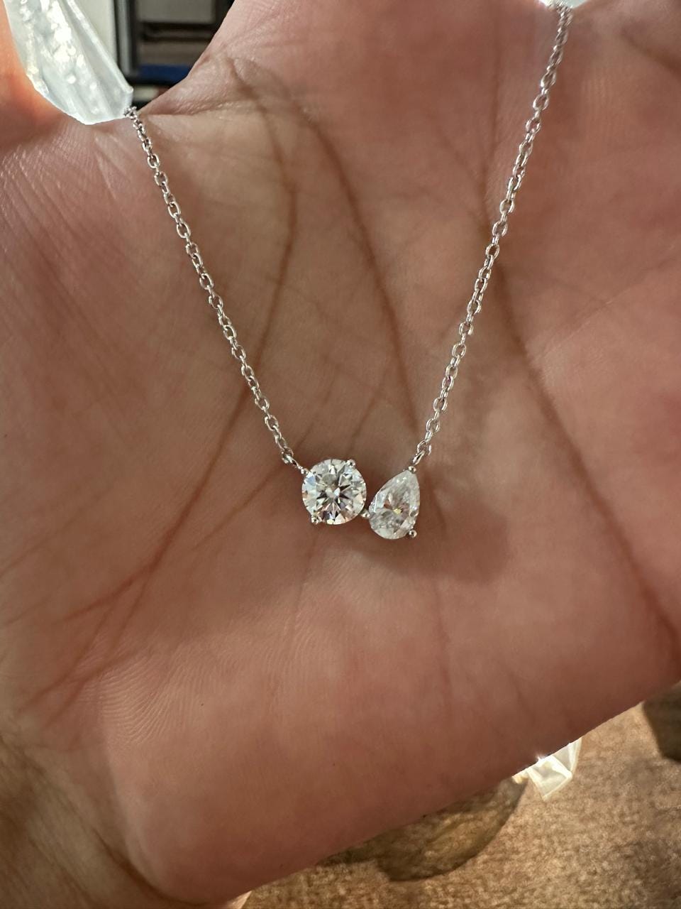 Toi et Moi Moissanite Necklace: Round Pear Solitaire for her, Sterling Silver Pendant
