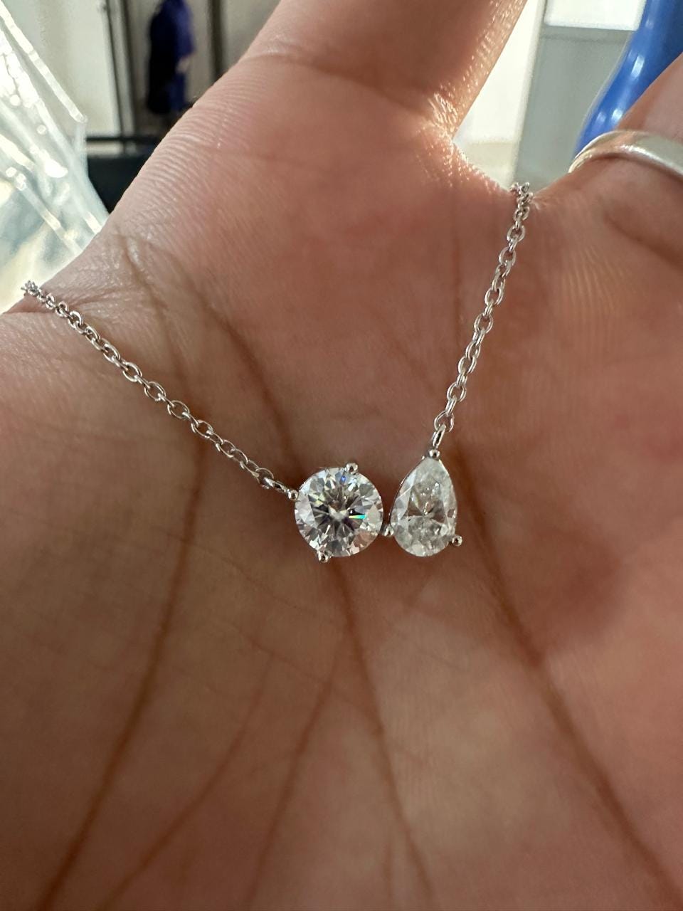Toi et Moi Moissanite Necklace: Round Pear Solitaire for her, Sterling Silver Pendant