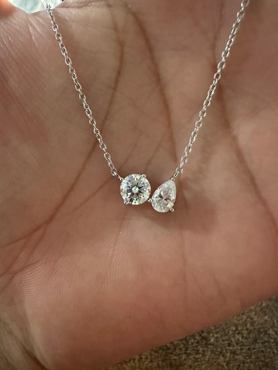Toi et Moi Moissanite Necklace: Round Pear Solitaire for her, Sterling Silver Pendant
