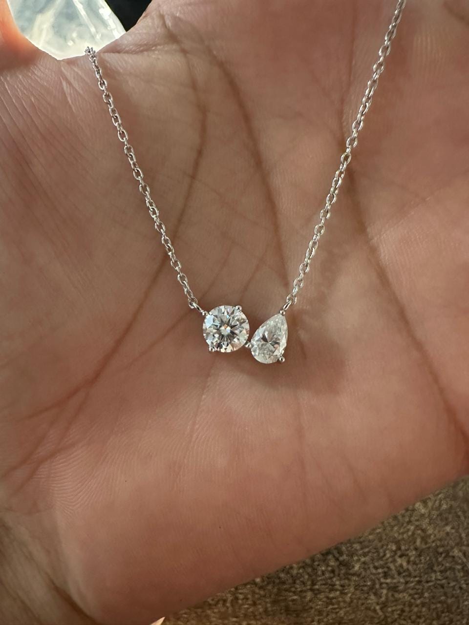 Toi et Moi Moissanite Necklace: Round Pear Solitaire for her, Sterling Silver Pendant