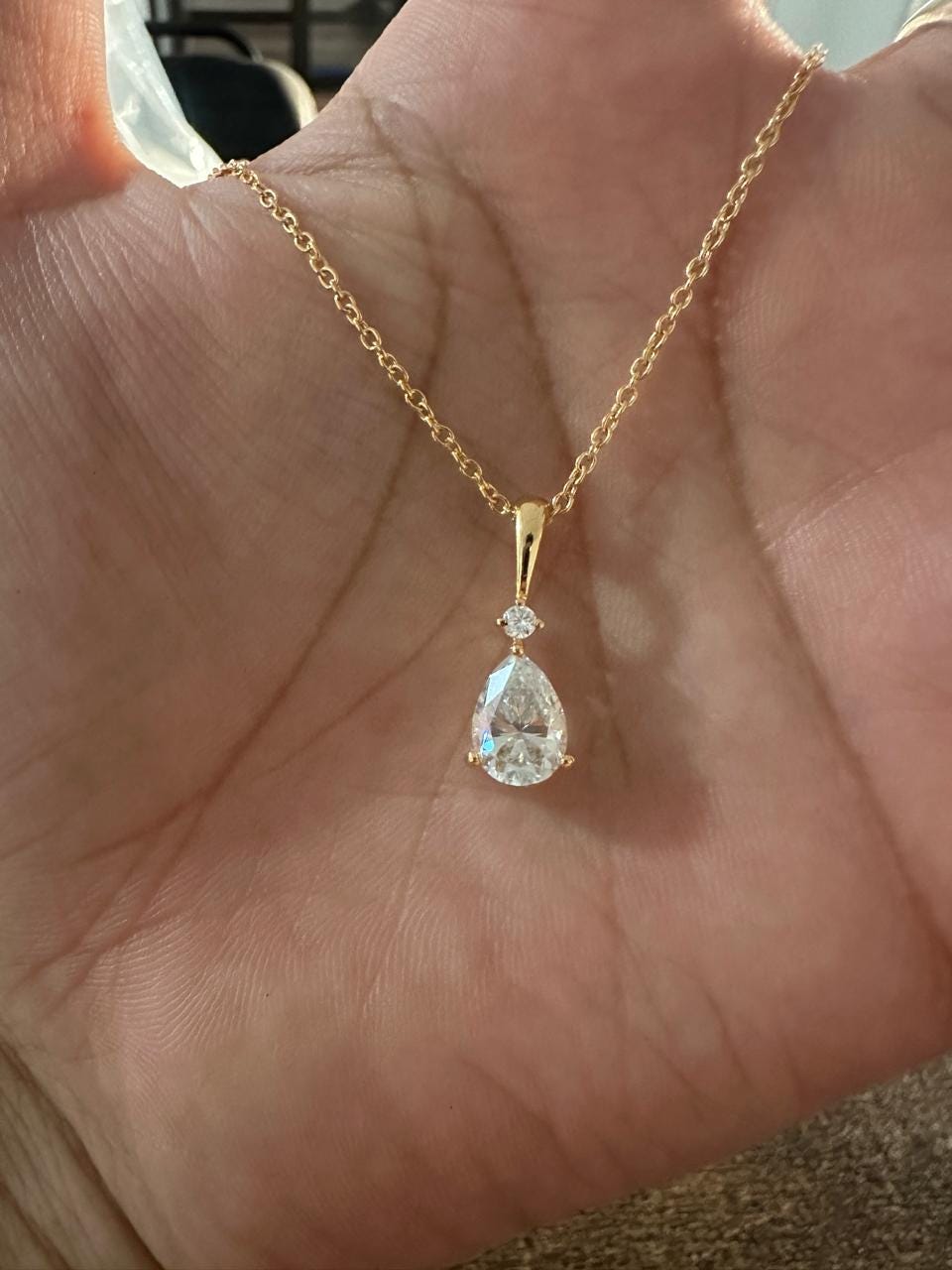 Pear Moissanite Teardrop Pendant Necklace, 14K Yellow Gold Solitaire, Elegant Fine Jewelry