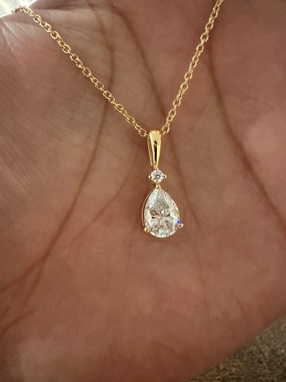 Pear Moissanite Teardrop Pendant Necklace, 14K Yellow Gold Solitaire, Elegant Fine Jewelry