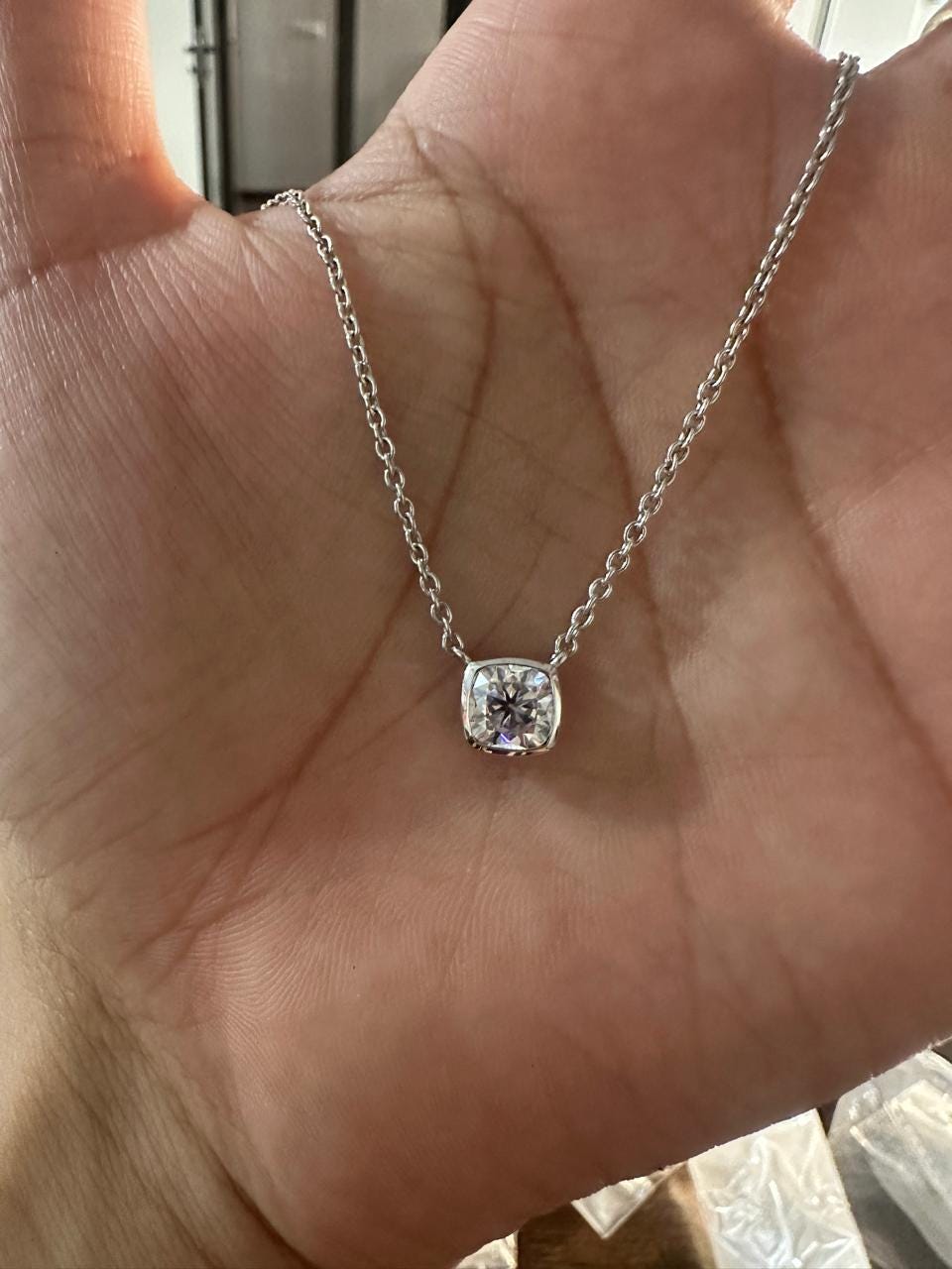 Moissanite Cushion Bezel Set Pendant Necklace: 14K Gold Vermeil, Romantic Jewelry