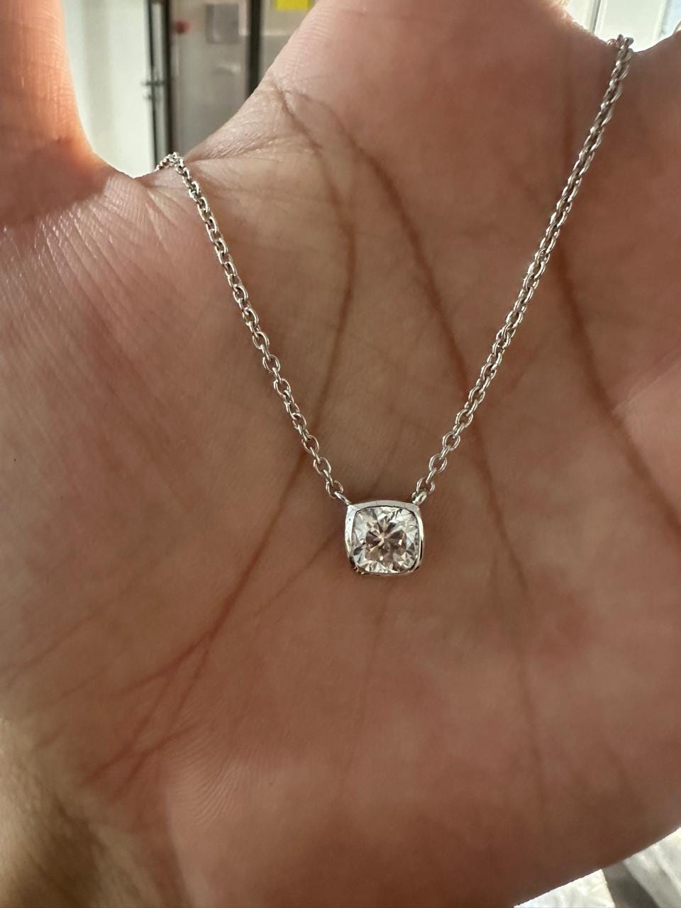 Moissanite Cushion Bezel Set Pendant Necklace: 14K Gold Vermeil, Romantic Jewelry