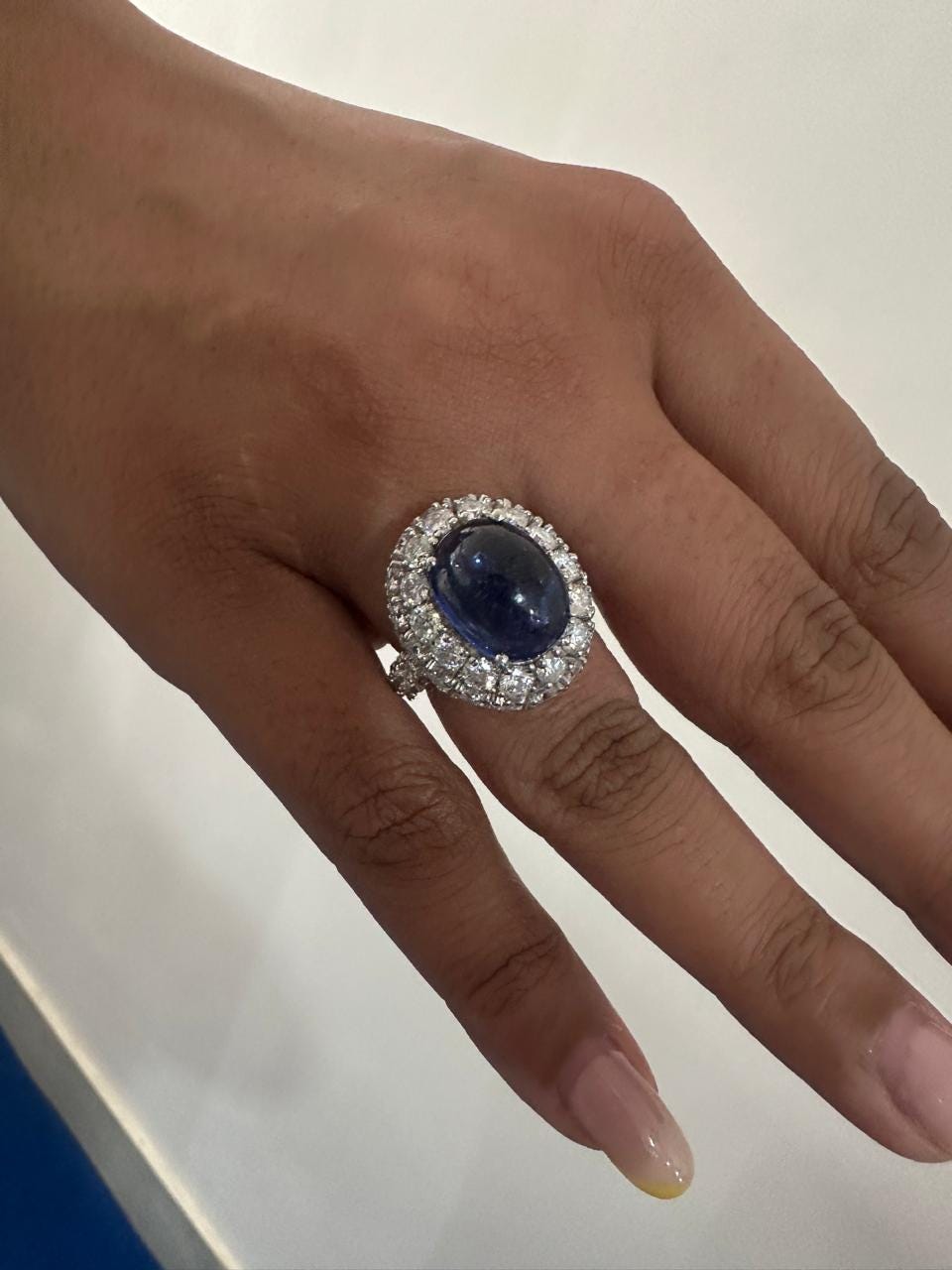 Lab-Grown Royal Blue Sapphire Halo Ring: 14K White Gold Statement Cocktail Ring