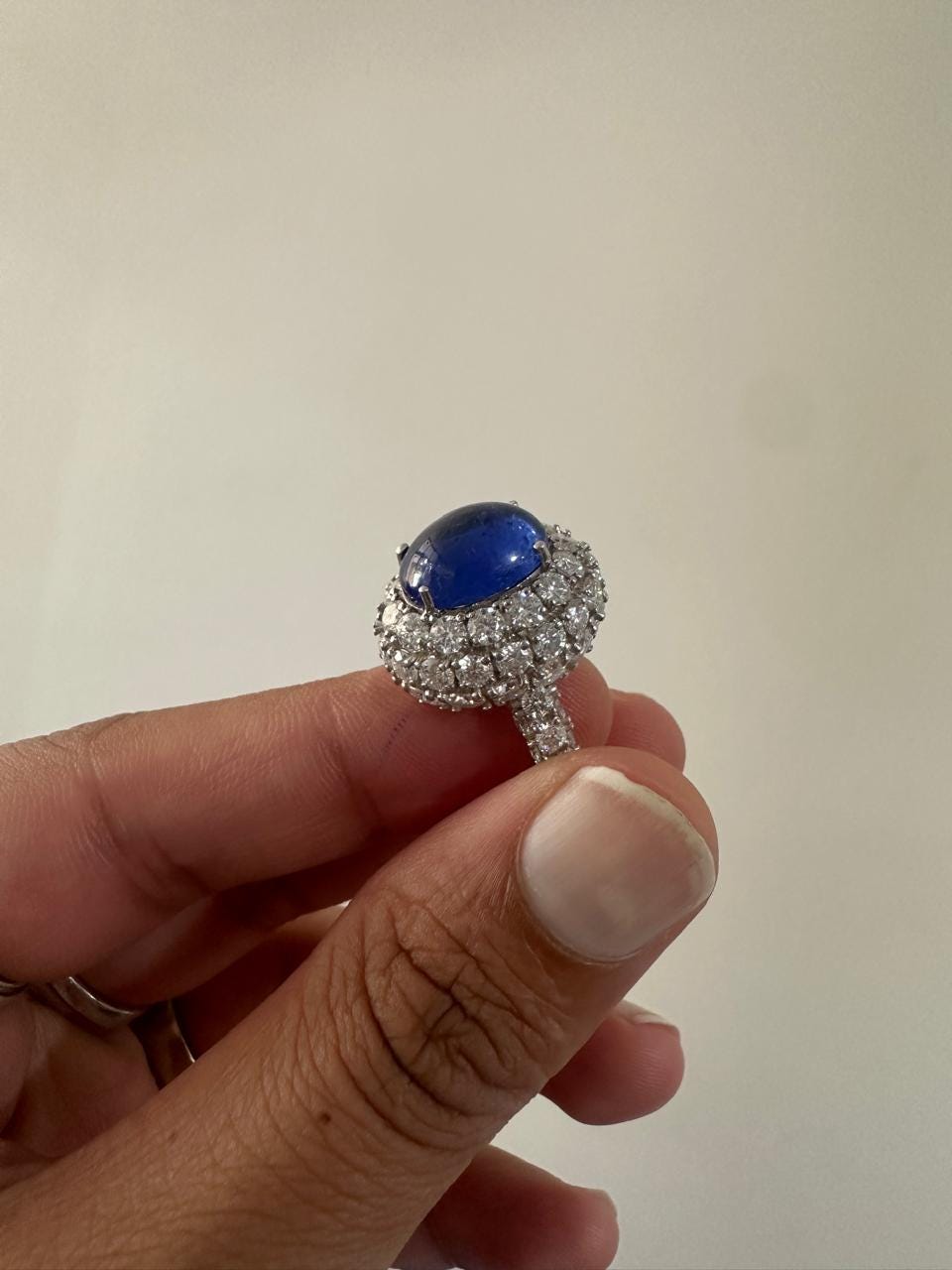 Lab-Grown Royal Blue Sapphire Halo Ring: 14K White Gold Statement Cocktail Ring