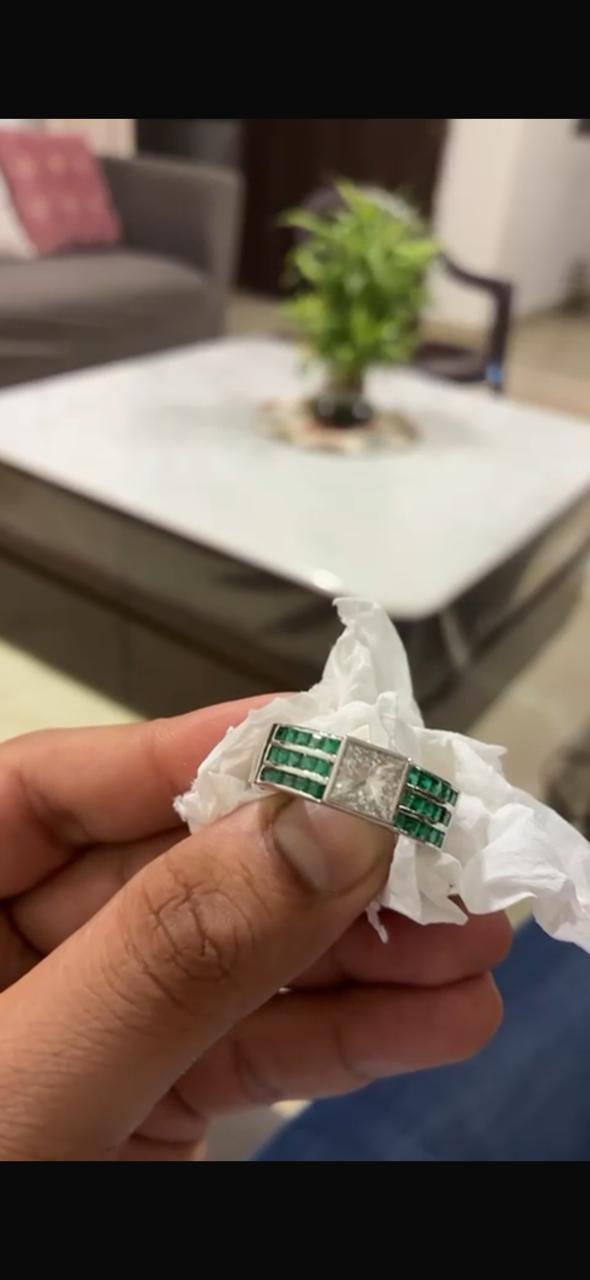 Men's Lab Diamond & Emerald Ring: 14K White Gold Anniversary Band