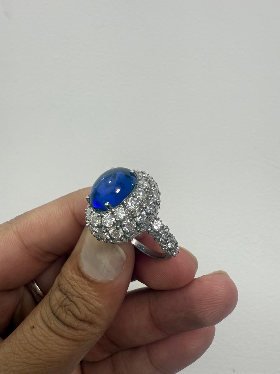 Lab-Grown Royal Blue Sapphire Halo Ring: 14K White Gold Statement Cocktail Ring