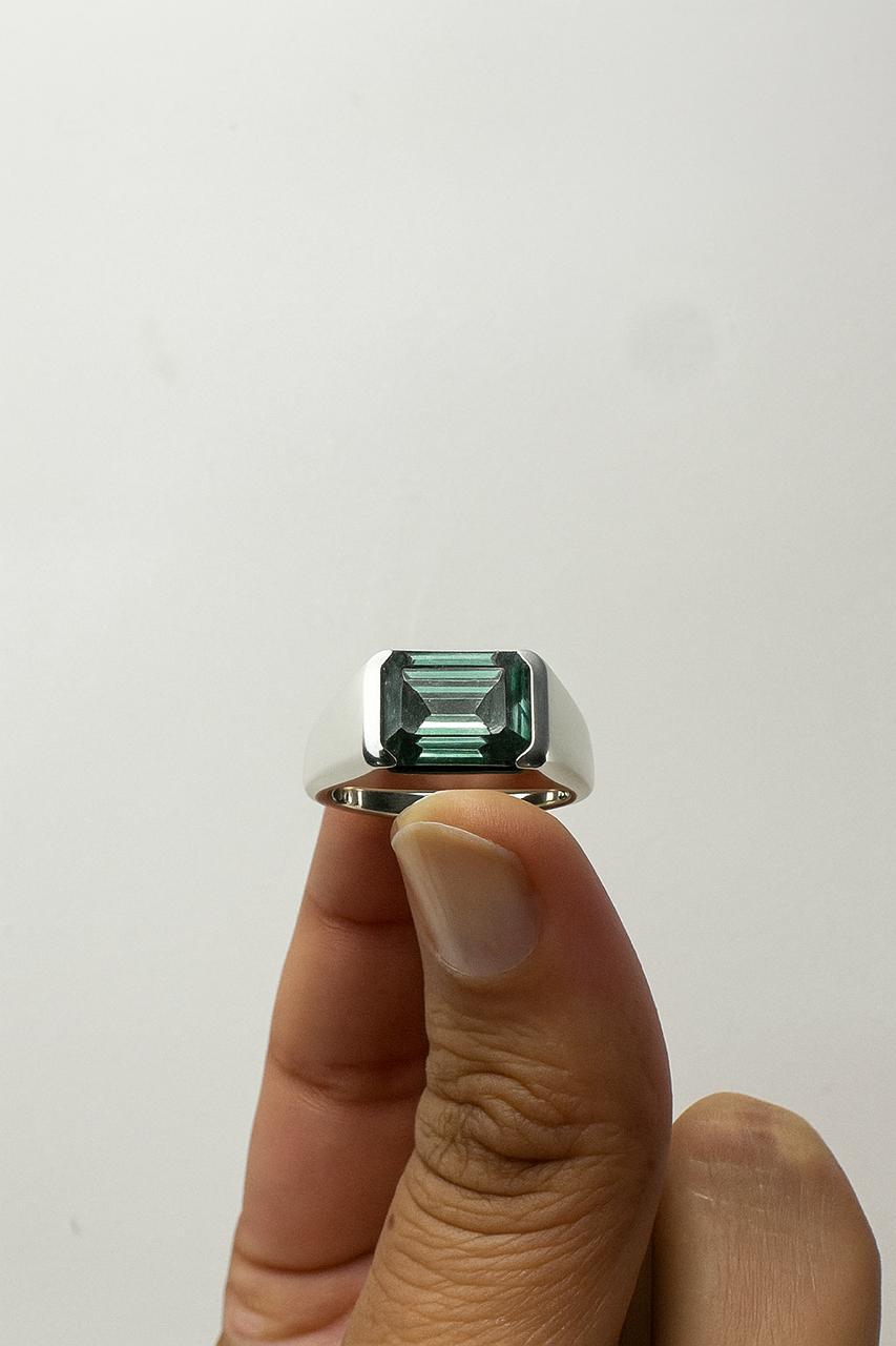 Men's Alexandrite Ring | 14K White Gold Half Bezel Statement Ring