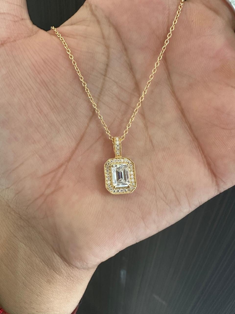 Emerald Cut Moissanite Halo Pendant Necklace, 14K Gold Vermeil, Vintage Style Necklace