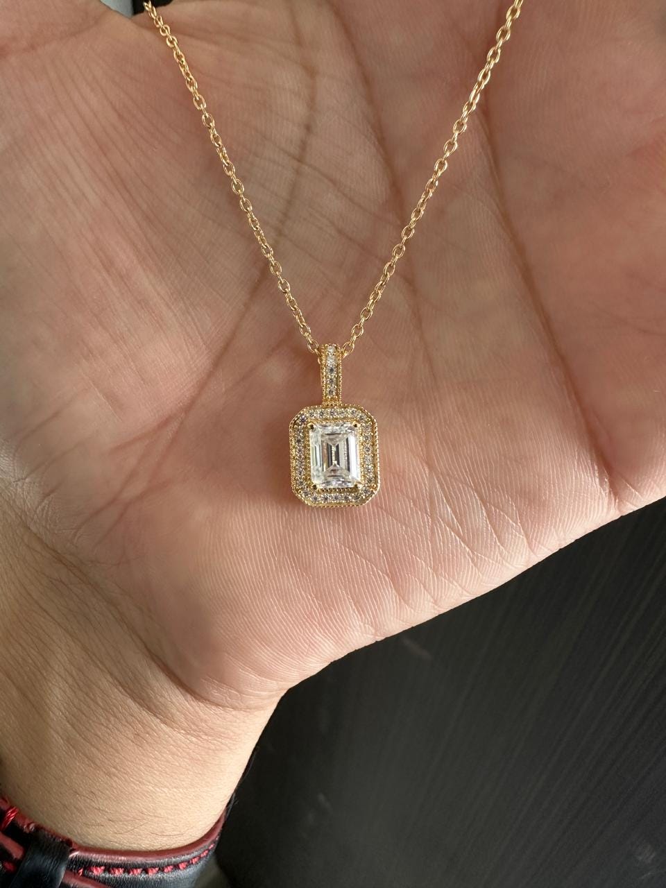 Emerald Cut Moissanite Halo Pendant Necklace, 14K Gold Vermeil, Vintage Style Necklace