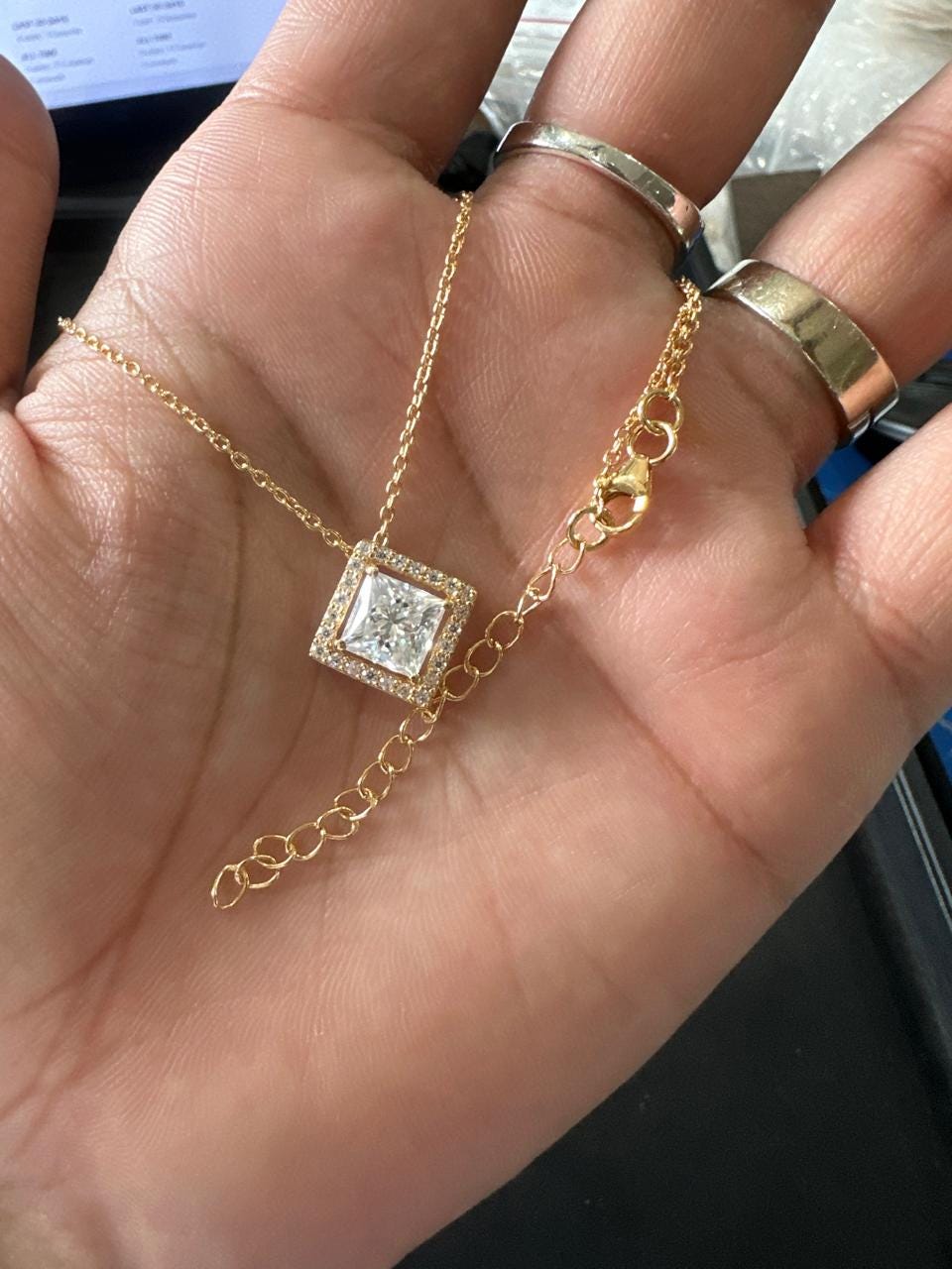 Princess Cut Moissanite Halo Pendant Necklace, 14K Gold Vermeil Jewelry, Gift for Her