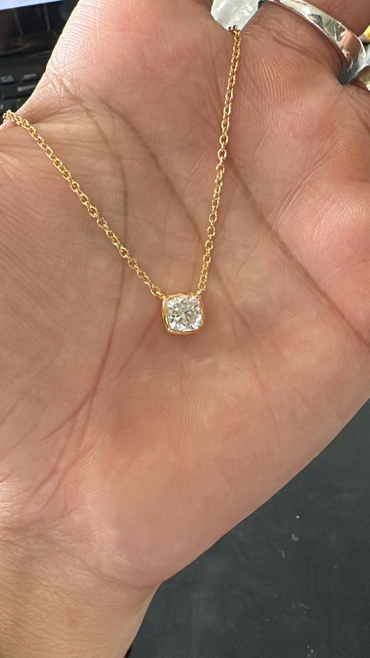 Moissanite Cushion Bezel Set Pendant Necklace: 14K Gold Vermeil, Romantic Jewelry