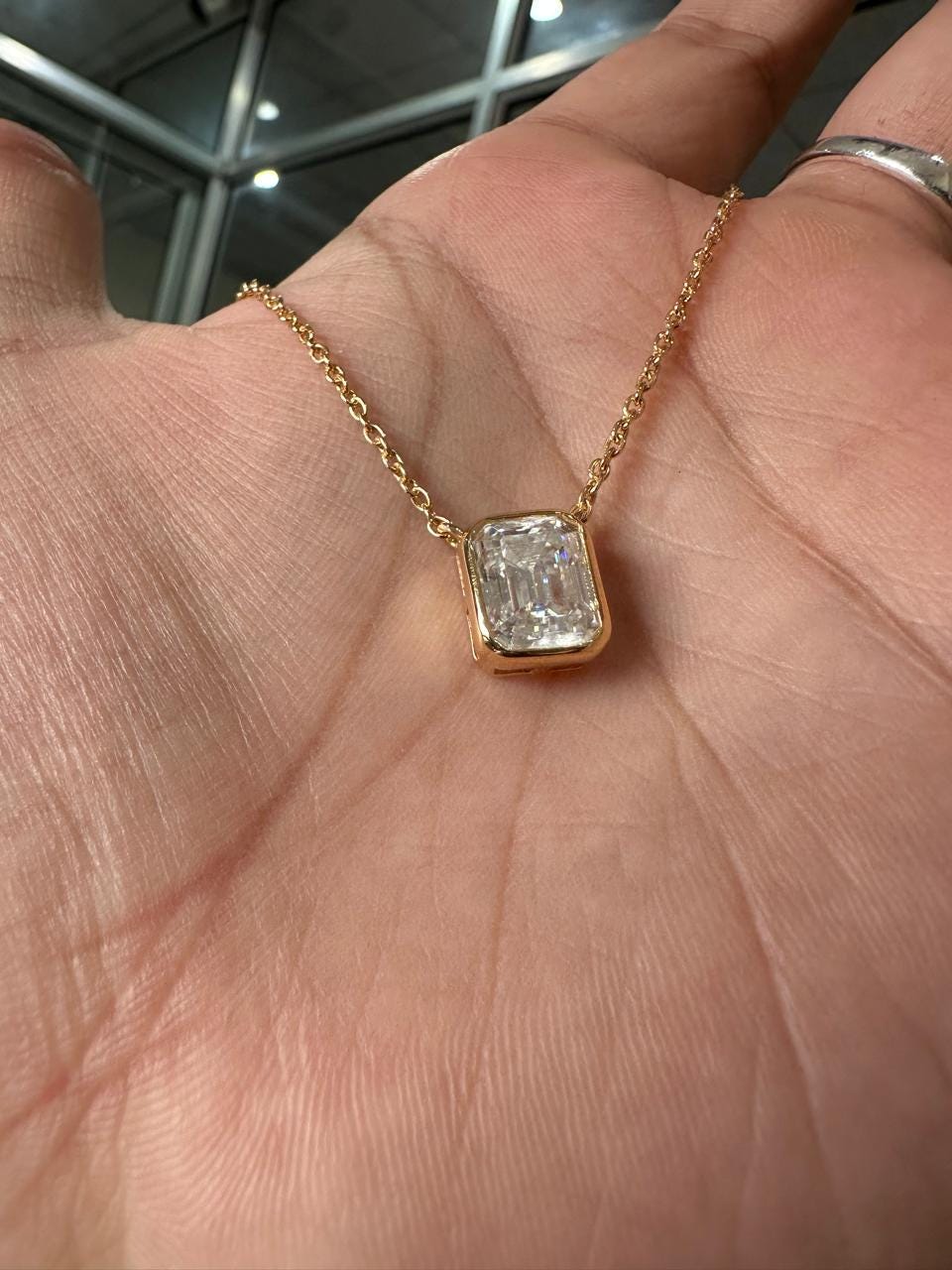 4 Ct Emerald Cut Moissanite Pendant Necklace, 14K Gold Vermeil Bezel Set