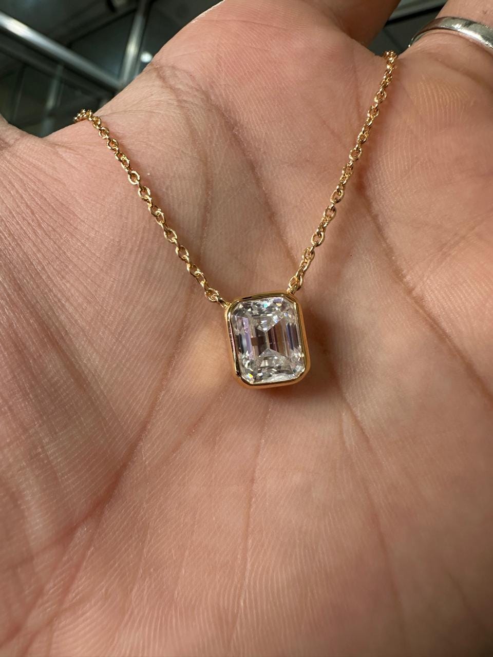 4 Ct Emerald Cut Moissanite Pendant Necklace, 14K Gold Vermeil Bezel Set