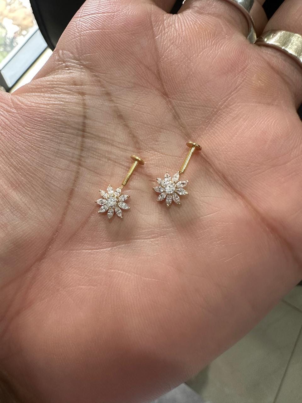 14K Yellow Gold Moissanite Flower Earrings | South Screw Lock Earrings for women