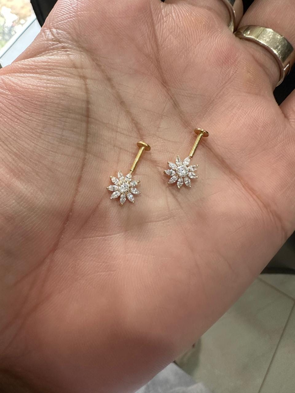 14K Yellow Gold Moissanite Flower Earrings | South Screw Lock Earrings for women