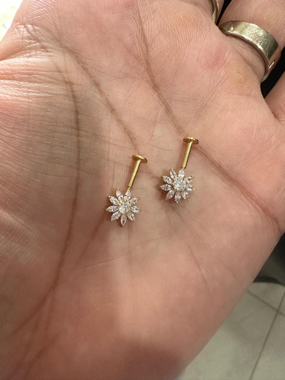 14K Yellow Gold Moissanite Flower Earrings | South Screw Lock Earrings for women