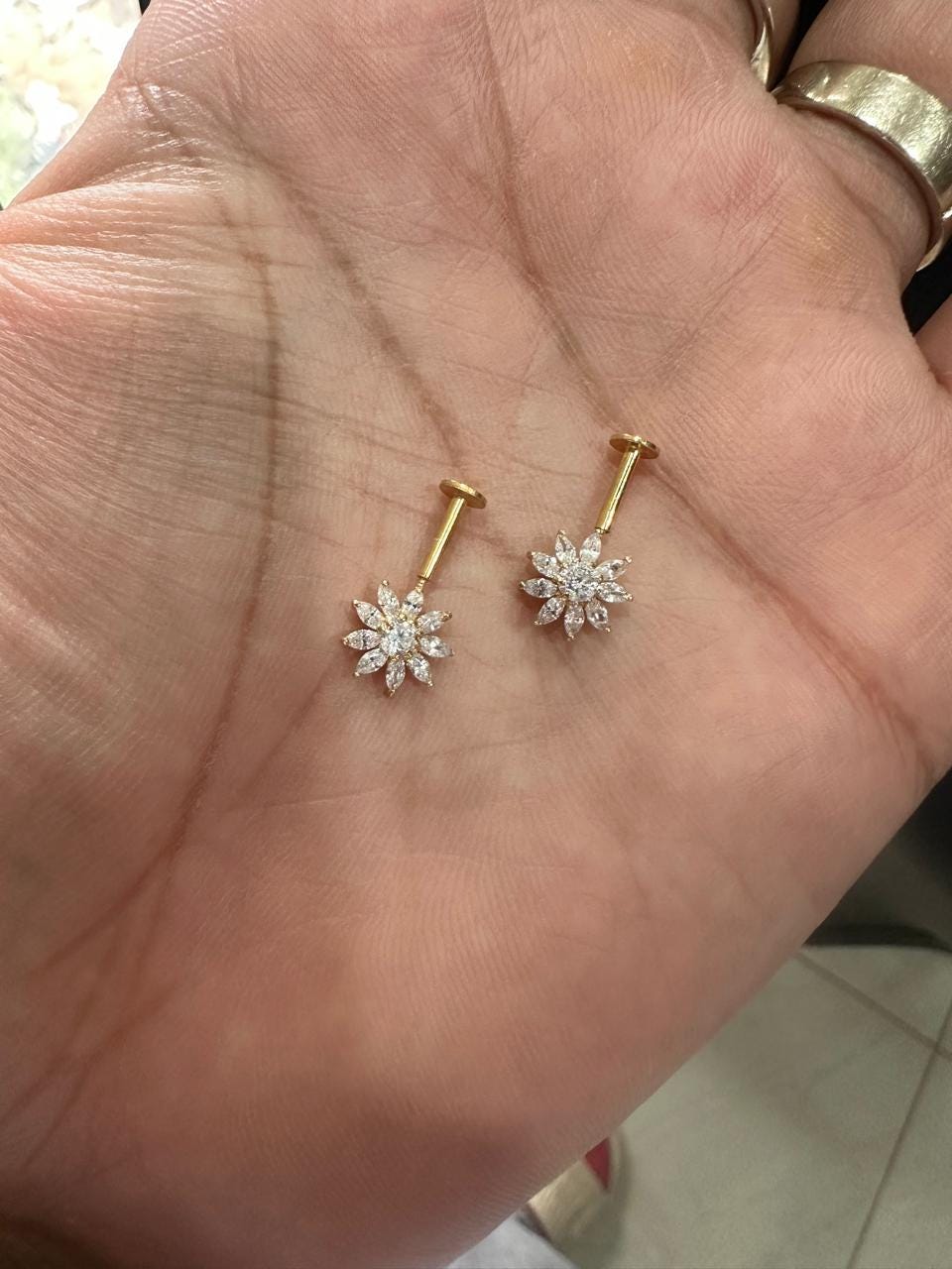 14K Yellow Gold Moissanite Flower Earrings | South Screw Lock Earrings for women
