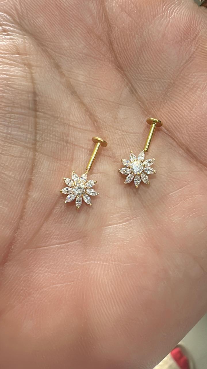 14K Yellow Gold Moissanite Flower Earrings | South Screw Lock Earrings for women