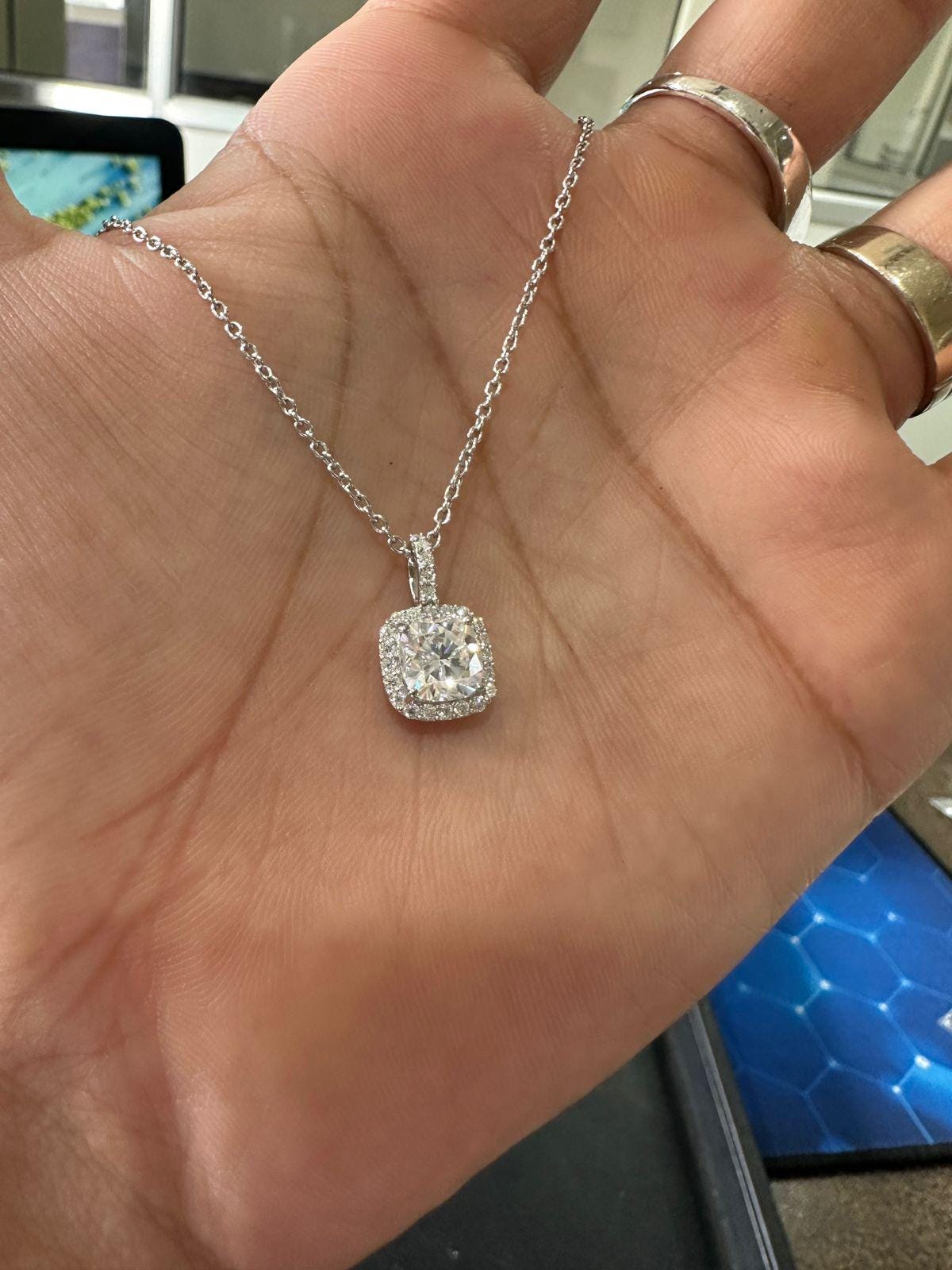 Cushion Cut Moissanite Halo Pendant Necklace | 925 Sterling Silver, Gift for her