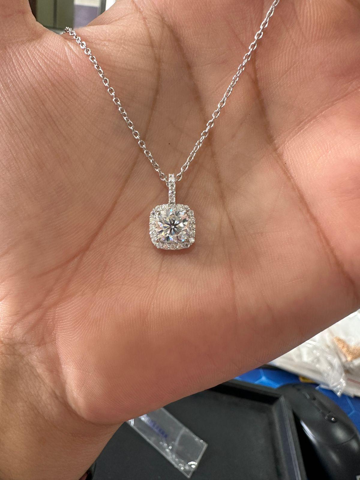 Cushion Cut Moissanite Halo Pendant Necklace | 925 Sterling Silver, Gift for her