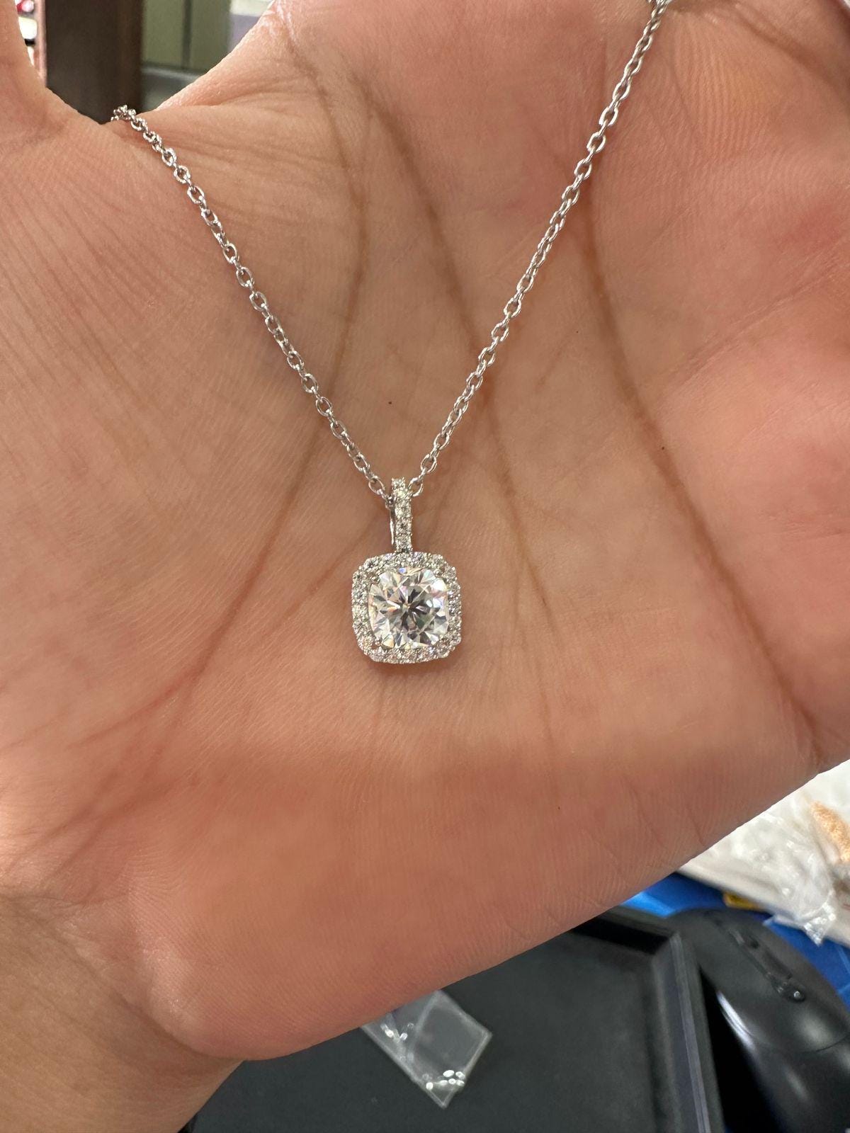 Cushion Cut Moissanite Halo Pendant Necklace | 925 Sterling Silver, Gift for her