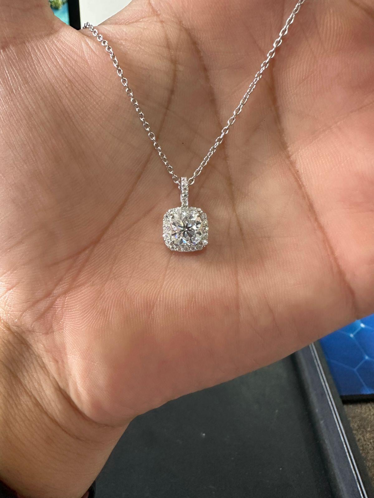 Cushion Cut Moissanite Halo Pendant Necklace | 925 Sterling Silver, Gift for her