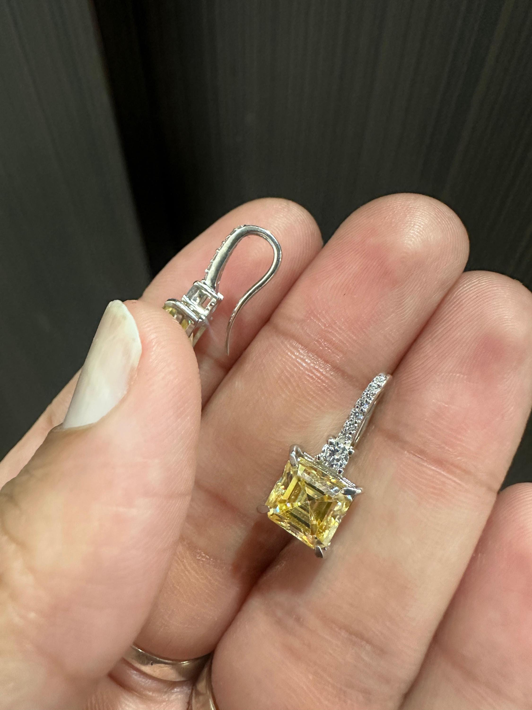 5 CT Yellow Moissanite Asscher Cut Drop Earrings | 14K White Gold, Diamond Accents