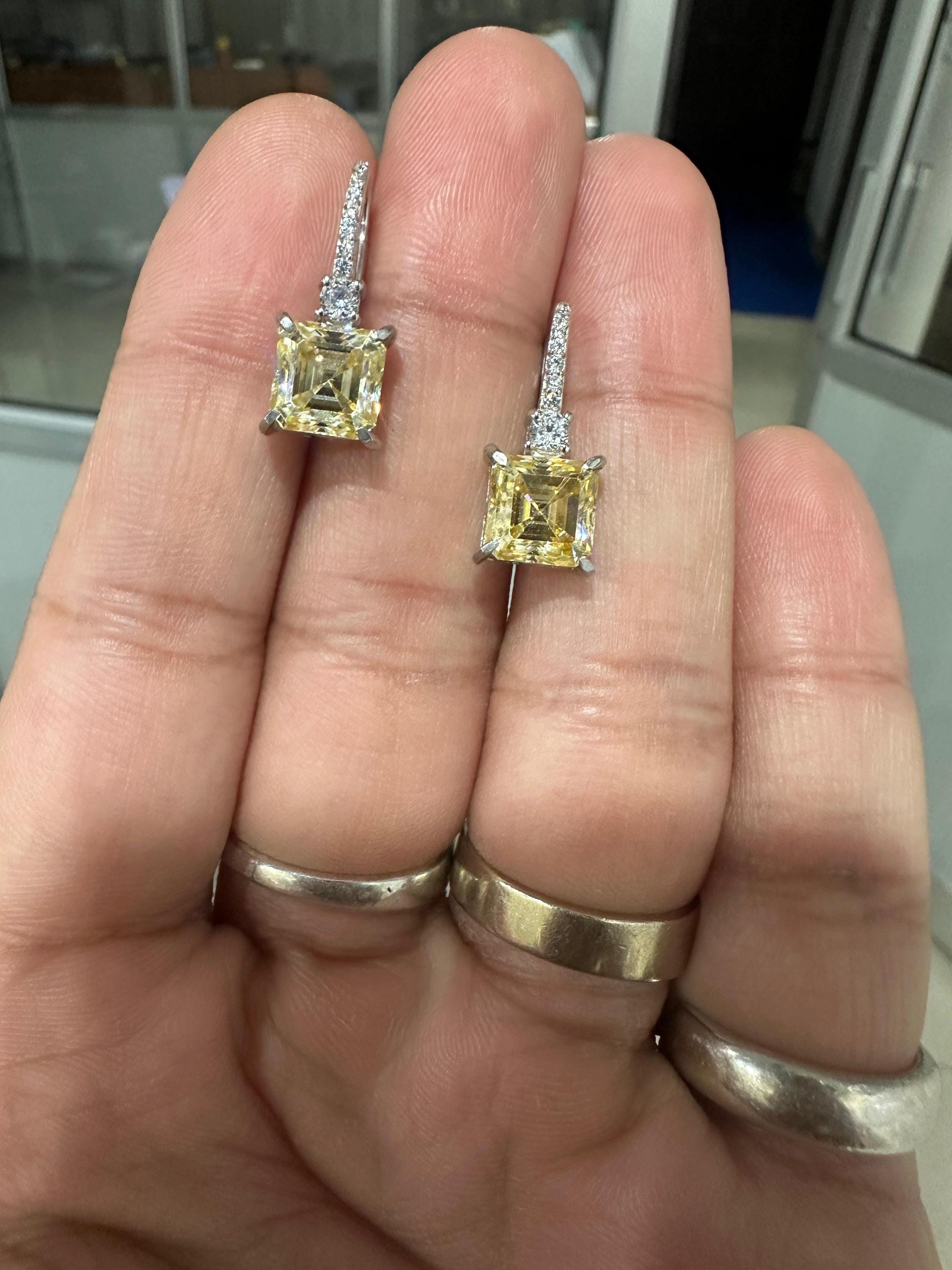 5 CT Yellow Moissanite Asscher Cut Drop Earrings | 14K White Gold, Diamond Accents
